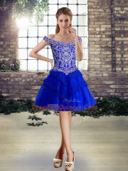 Beauteous Royal Blue Tulle Lace Up Quinceanera Dress Sleeveless Brush Train Beading and Lace