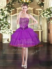 Elegant Mini Length Purple Prom Dress Strapless Sleeveless Lace Up