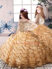 Dazzling Gold Ball Gowns Organza Straps Sleeveless Beading and Ruffled Layers Lace Up Glitz Pageant Dress Court Train