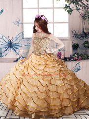 Dazzling Gold Ball Gowns Organza Straps Sleeveless Beading and Ruffled Layers Lace Up Glitz Pageant Dress Court Train