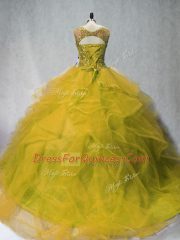 Charming Sleeveless Tulle Court Train Lace Up 15 Quinceanera Dress in Olive Green with Beading and Ruffles