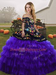 Fantastic Black And Purple Organza Lace Up Quinceanera Dress Sleeveless Floor Length Embroidery and Ruffled Layers