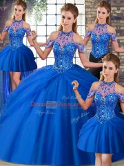 Ball Gowns Sleeveless Blue Quinceanera Dress Brush Train Lace Up