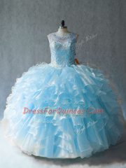 Trendy Sleeveless Lace Up Floor Length Beading and Ruffles Quinceanera Gown