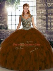 Graceful Brown Sleeveless Organza Lace Up Sweet 16 Dresses for Military Ball and Sweet 16 and Quinceanera