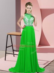 Sweet Backless Prom Party Dress Green for Prom and Party with Beading Brush Train
