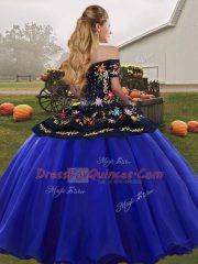 Hot Selling Blue And White Ball Gowns Tulle Off The Shoulder Sleeveless Embroidery Floor Length Lace Up Vestidos de Quinceanera