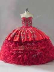 Fabric With Rolling Flowers Sweetheart Sleeveless Brush Train Lace Up Embroidery Sweet 16 Dress in Red