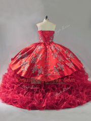 Fabric With Rolling Flowers Sweetheart Sleeveless Brush Train Lace Up Embroidery Sweet 16 Dress in Red