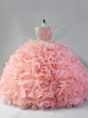 Fabric With Rolling Flowers Scoop Sleeveless Zipper Beading and Ruffles Quince Ball Gowns in Pink