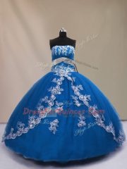 Pretty Blue Tulle Lace Up Strapless Sleeveless Floor Length Sweet 16 Quinceanera Dress Appliques