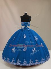Pretty Blue Tulle Lace Up Strapless Sleeveless Floor Length Sweet 16 Quinceanera Dress Appliques