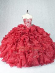 Cheap Burgundy Sleeveless Floor Length Beading and Ruffles Lace Up 15th Birthday Dress