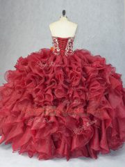 Cheap Burgundy Sleeveless Floor Length Beading and Ruffles Lace Up 15th Birthday Dress