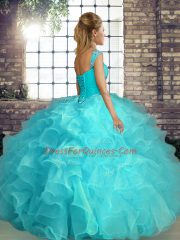 Spectacular Organza Off The Shoulder Sleeveless Lace Up Beading and Ruffles Quinceanera Dress in Blue