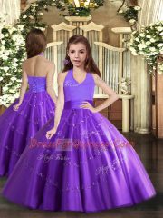 Floor Length Lace Up Little Girls Pageant Dress Purple for Party and Wedding Party with Beading