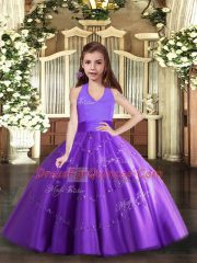 Floor Length Lace Up Little Girls Pageant Dress Purple for Party and Wedding Party with Beading