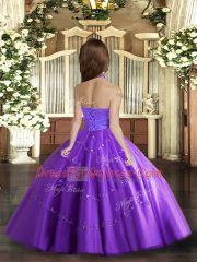 Floor Length Lace Up Little Girls Pageant Dress Purple for Party and Wedding Party with Beading