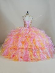 Trendy Multi-color Halter Top Lace Up Beading and Ruffles Quinceanera Dress Sleeveless