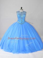 Amazing Blue Ball Gowns Tulle Scoop Sleeveless Beading Floor Length Lace Up Quinceanera Dresses