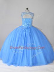 Amazing Blue Ball Gowns Tulle Scoop Sleeveless Beading Floor Length Lace Up Quinceanera Dresses