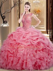 Glorious Pink Scoop Neckline Beading and Ruffles and Pick Ups 15 Quinceanera Dress Sleeveless Lace Up