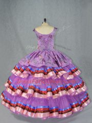 Purple Sleeveless Embroidery and Ruffled Layers Floor Length Quinceanera Dress