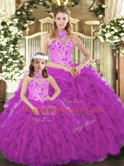 Custom Designed Fuchsia Halter Top Neckline Embroidery and Ruffles Quinceanera Dresses Sleeveless Lace Up