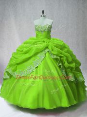 Long Sleeves Organza Floor Length Lace Up Sweet 16 Dress in Green with Beading and Appliques and Pick Ups