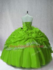 Long Sleeves Organza Floor Length Lace Up Sweet 16 Dress in Green with Beading and Appliques and Pick Ups