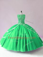 Sleeveless Tulle Floor Length Zipper Quince Ball Gowns in Green with Beading