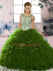 New Arrival Green Ball Gowns Beading and Ruffles Quinceanera Dress Lace Up Organza Sleeveless Floor Length
