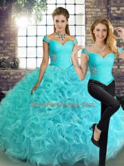 Off The Shoulder Sleeveless Lace Up Sweet 16 Dress Aqua Blue Fabric With Rolling Flowers