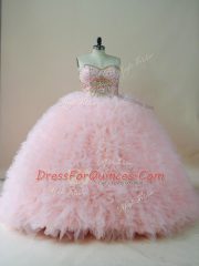 Glittering Beading and Ruffles Sweet 16 Quinceanera Dress Baby Pink Lace Up Sleeveless Brush Train