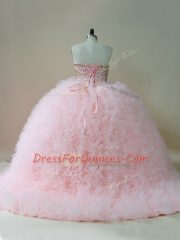 Glittering Beading and Ruffles Sweet 16 Quinceanera Dress Baby Pink Lace Up Sleeveless Brush Train