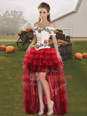Wine Red Organza Lace Up Off The Shoulder Sleeveless Floor Length Sweet 16 Quinceanera Dress Embroidery and Ruffled Layers