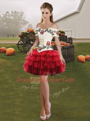 Wine Red Organza Lace Up Off The Shoulder Sleeveless Floor Length Sweet 16 Quinceanera Dress Embroidery and Ruffled Layers