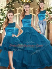 Low Price Floor Length Teal Quinceanera Gown Tulle Sleeveless Ruffles