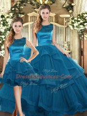 Low Price Floor Length Teal Quinceanera Gown Tulle Sleeveless Ruffles