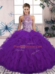 Ball Gowns 15 Quinceanera Dress Purple Halter Top Tulle Sleeveless Floor Length Lace Up