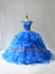 Sleeveless Brush Train Beading and Lace Lace Up Quince Ball Gowns
