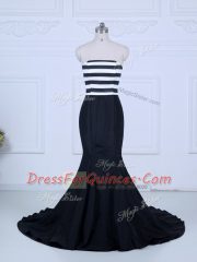 Artistic Sleeveless Satin Brush Train Lace Up Prom Evening Gown in White And Black with Ruching