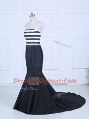 Artistic Sleeveless Satin Brush Train Lace Up Prom Evening Gown in White And Black with Ruching