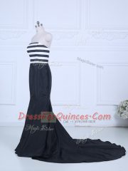 Artistic Sleeveless Satin Brush Train Lace Up Prom Evening Gown in White And Black with Ruching