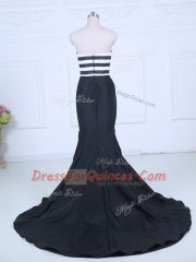 Artistic Sleeveless Satin Brush Train Lace Up Prom Evening Gown in White And Black with Ruching
