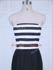 Artistic Sleeveless Satin Brush Train Lace Up Prom Evening Gown in White And Black with Ruching
