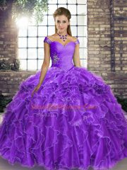 Traditional Lavender Off The Shoulder Neckline Beading and Ruffles 15 Quinceanera Dress Sleeveless Lace Up