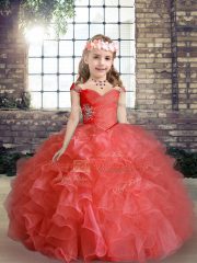 Red Organza Lace Up Little Girls Pageant Gowns Sleeveless Floor Length Beading