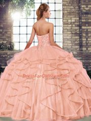 Custom Fit Tulle Sweetheart Sleeveless Lace Up Beading and Ruffles 15 Quinceanera Dress in Fuchsia