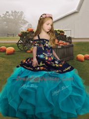 Custom Designed Teal Ball Gowns Tulle Straps Sleeveless Embroidery and Ruffles Floor Length Lace Up Pageant Dress Wholesale